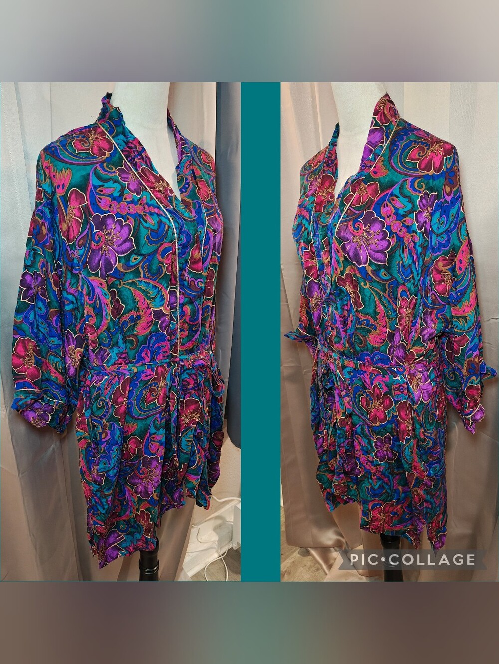 👑 VTG 80s Victoria’s Secret Gold Label Jewel Tone Floral SILK Kimono Robe 👑 - Picture 2 of 6